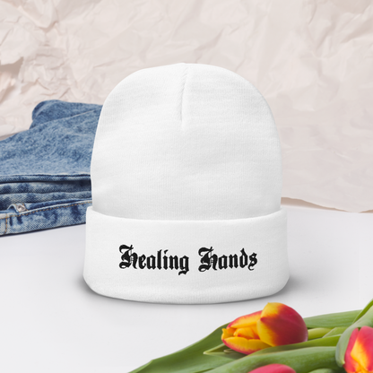 White Healing Hands Beanie (black text)