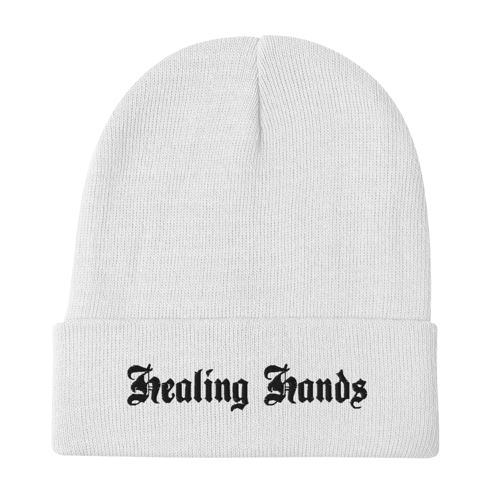 White Healing Hands Beanie (black text)