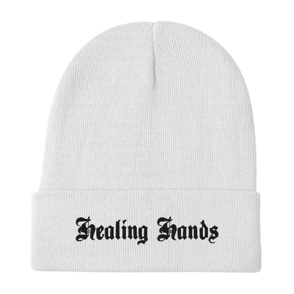 White Healing Hands Beanie (black text)