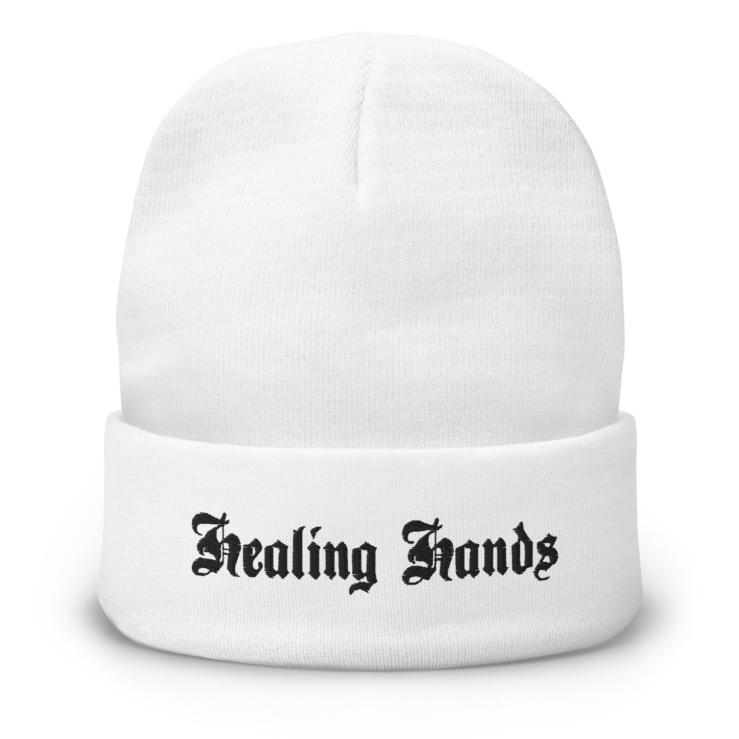 White Healing Hands Beanie (black text)