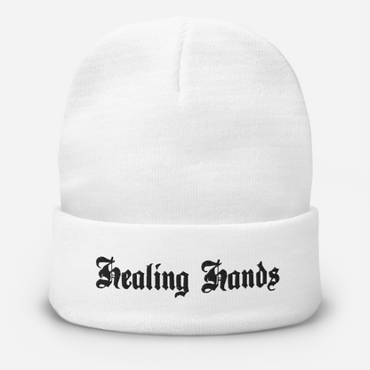 White Healing Hands Beanie (black text)